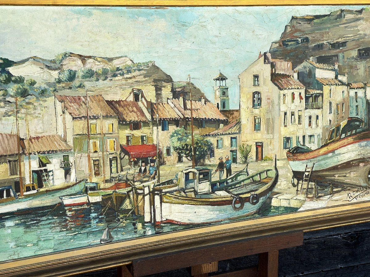 Port de Saint Chamas, étang de Berre, Provence, grande huile par Roger Dumax -photo-2
