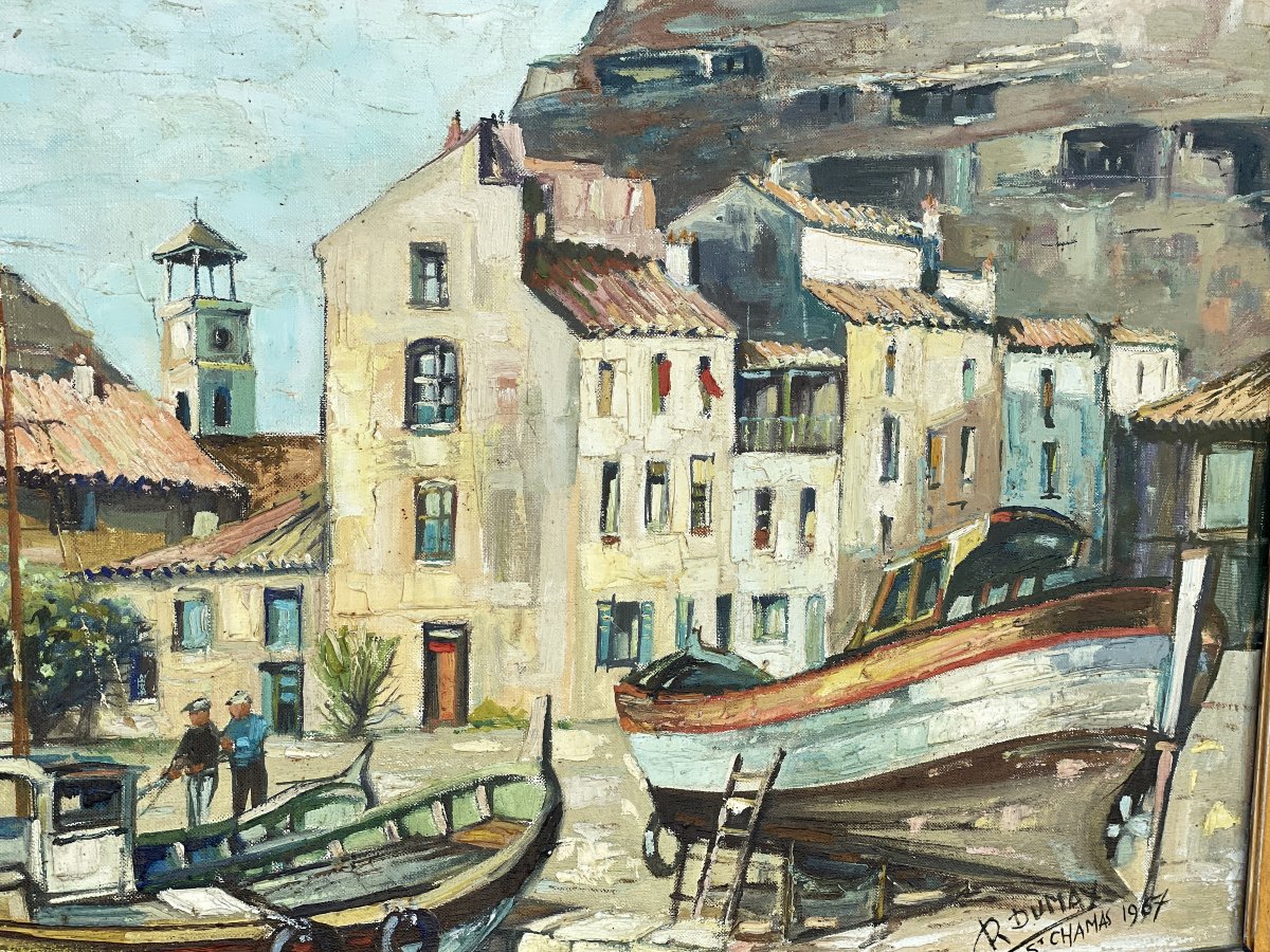 Port de Saint Chamas, étang de Berre, Provence, grande huile par Roger Dumax -photo-3