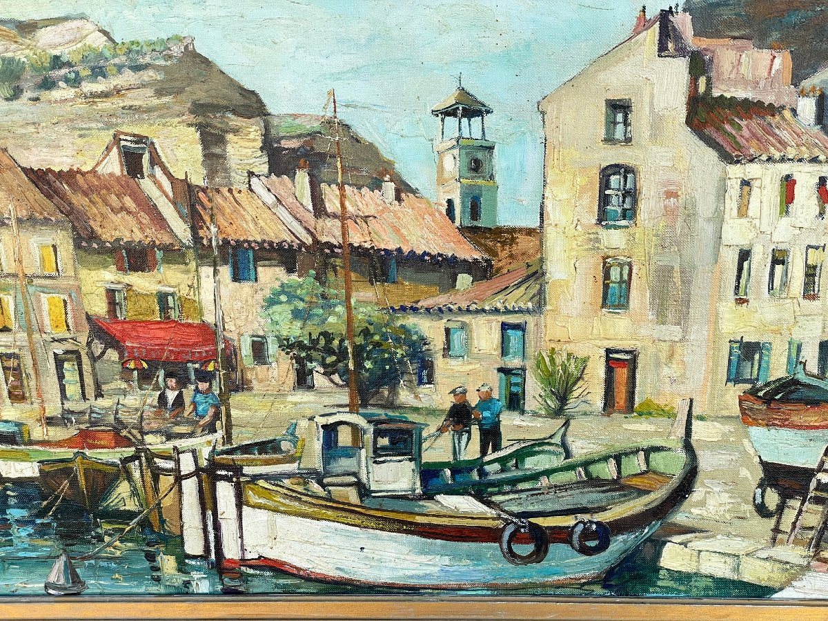 Port de Saint Chamas, étang de Berre, Provence, grande huile par Roger Dumax -photo-4