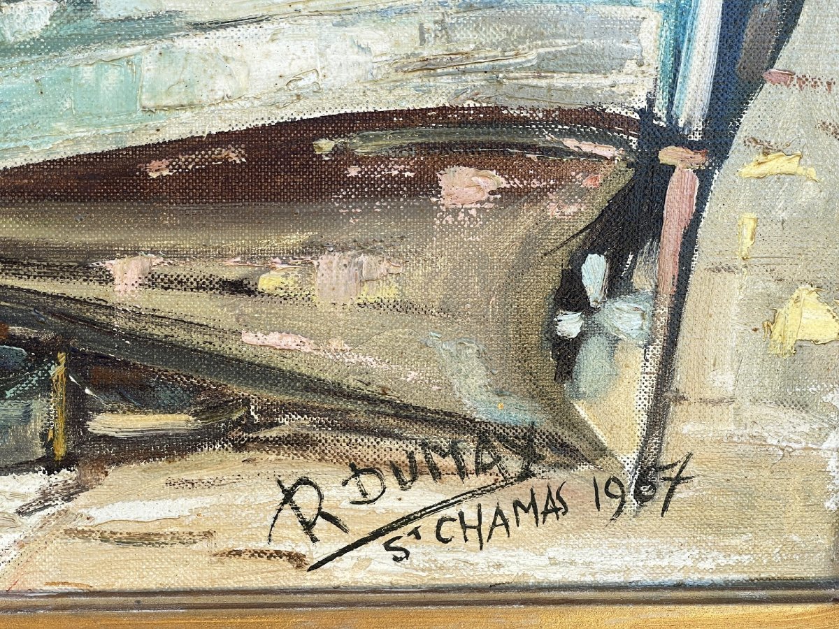 Port de Saint Chamas, étang de Berre, Provence, grande huile par Roger Dumax -photo-5
