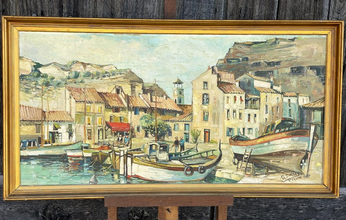 Port de Saint Chamas, étang de Berre, Provence, grande huile par Roger Dumax 