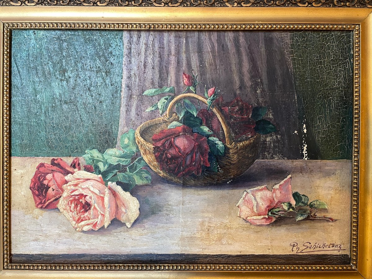 Panier de roses sur une table par Schickedanz XIXème-photo-2