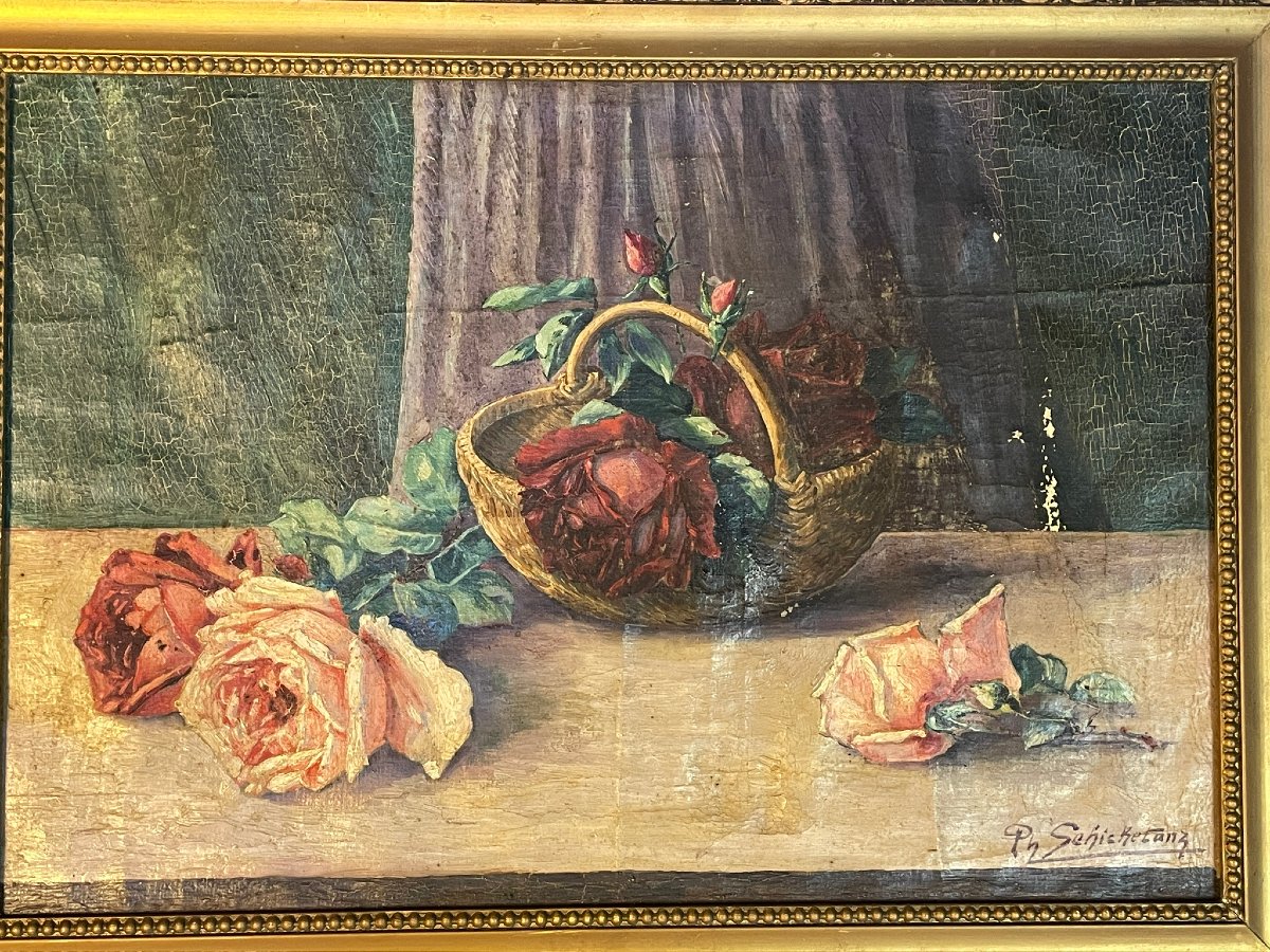 Panier de roses sur une table par Schickedanz XIXème-photo-3