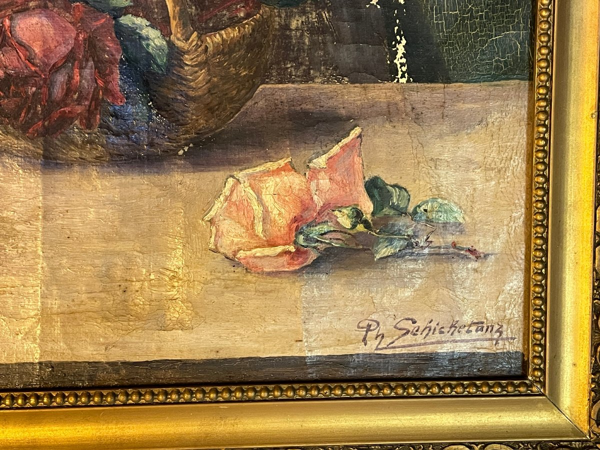 Panier de roses sur une table par Schickedanz XIXème-photo-4