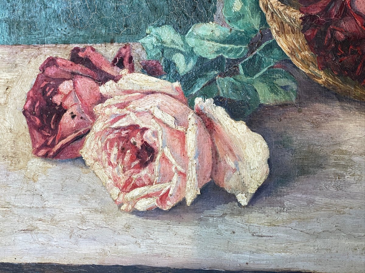 Panier de roses sur une table par Schickedanz XIXème-photo-3