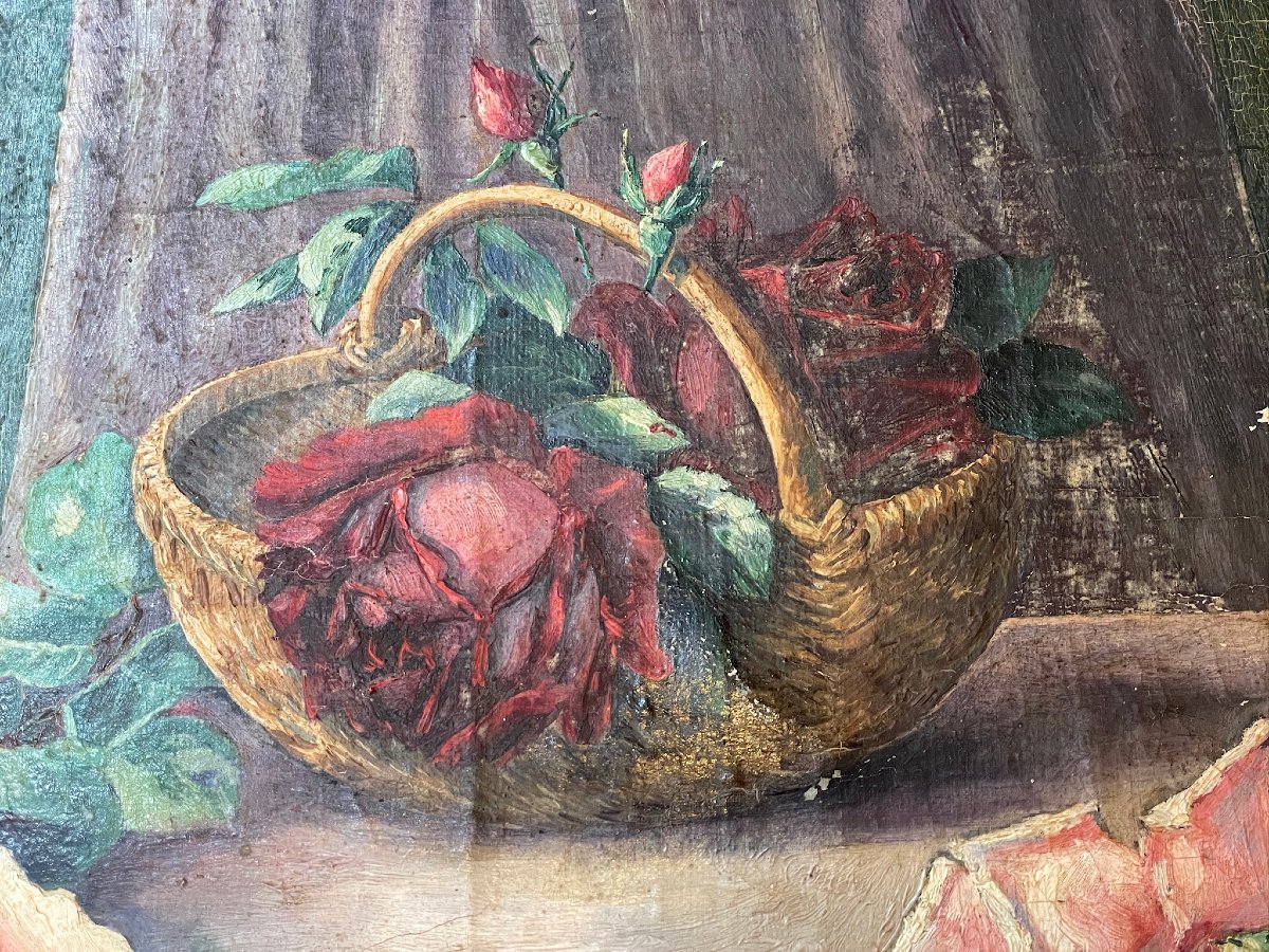 Panier de roses sur une table par Schickedanz XIXème-photo-4