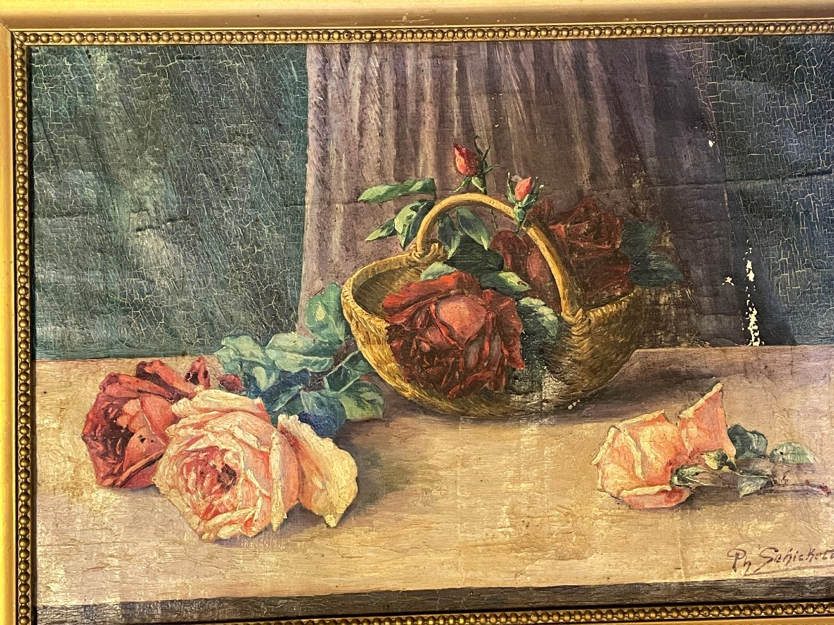 Panier de roses sur une table par Schickedanz XIXème-photo-5