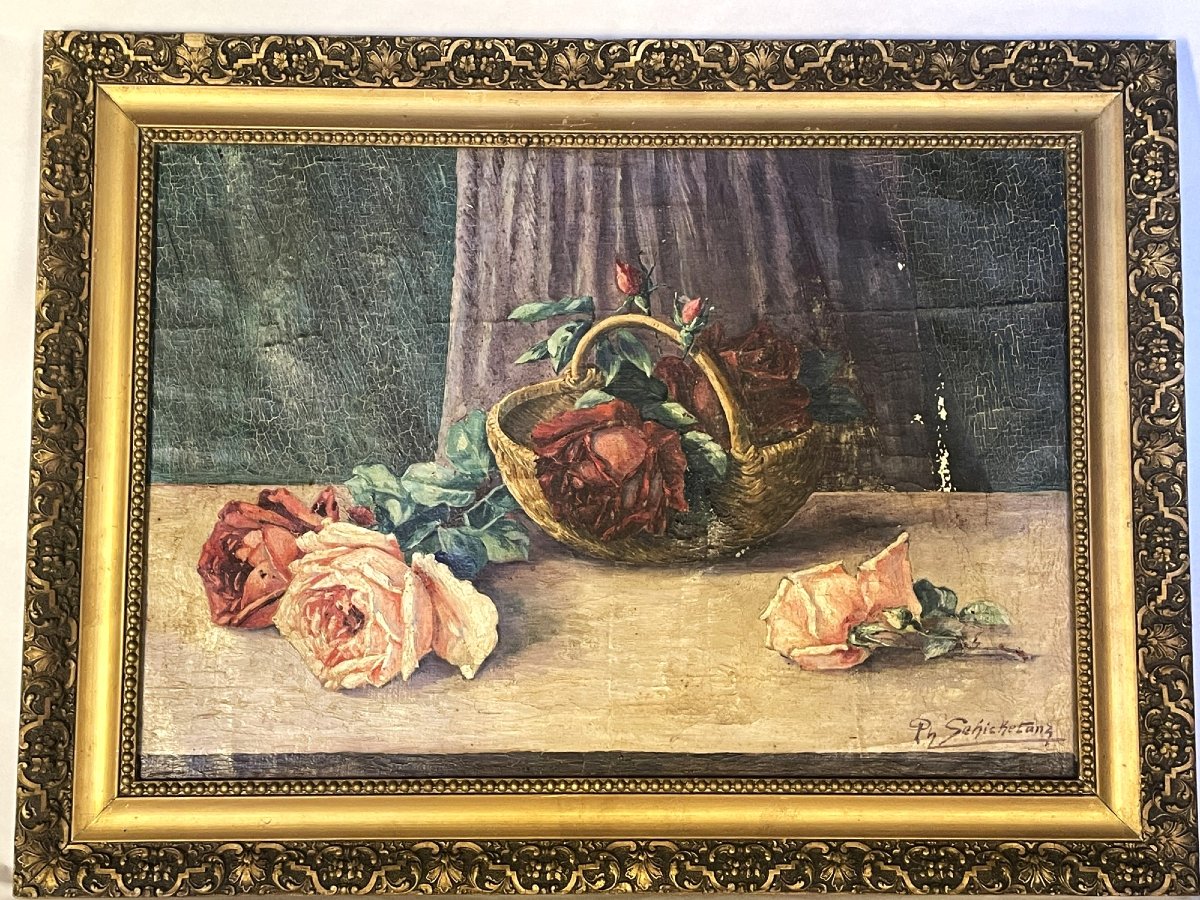 Panier de roses sur une table par Schickedanz XIXème