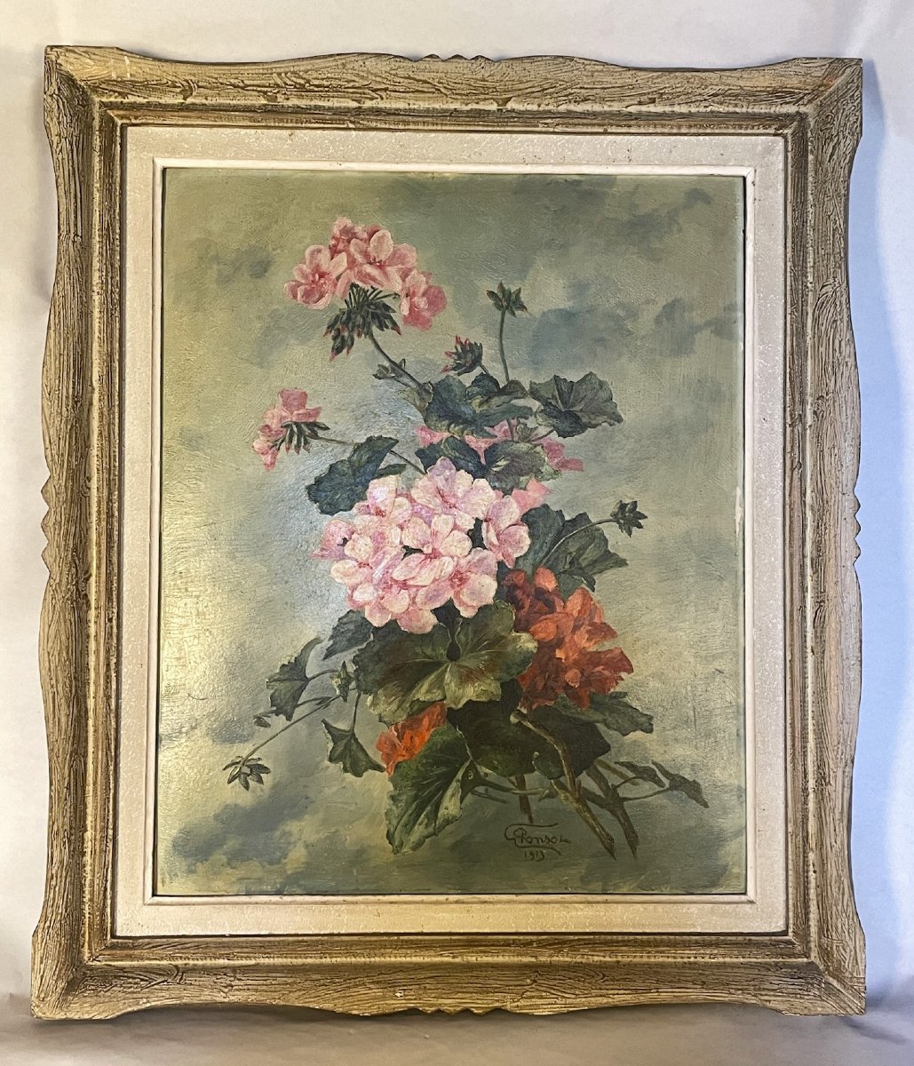 Bouquet de fleurs de géraniums par G. Ponson daté 1913-photo-2