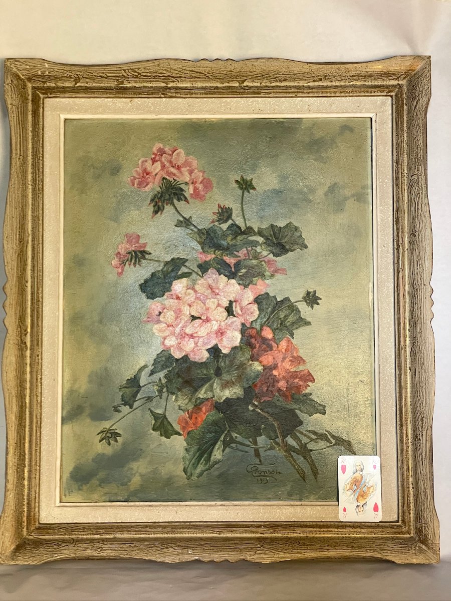 Bouquet de fleurs de géraniums par G. Ponson daté 1913-photo-4