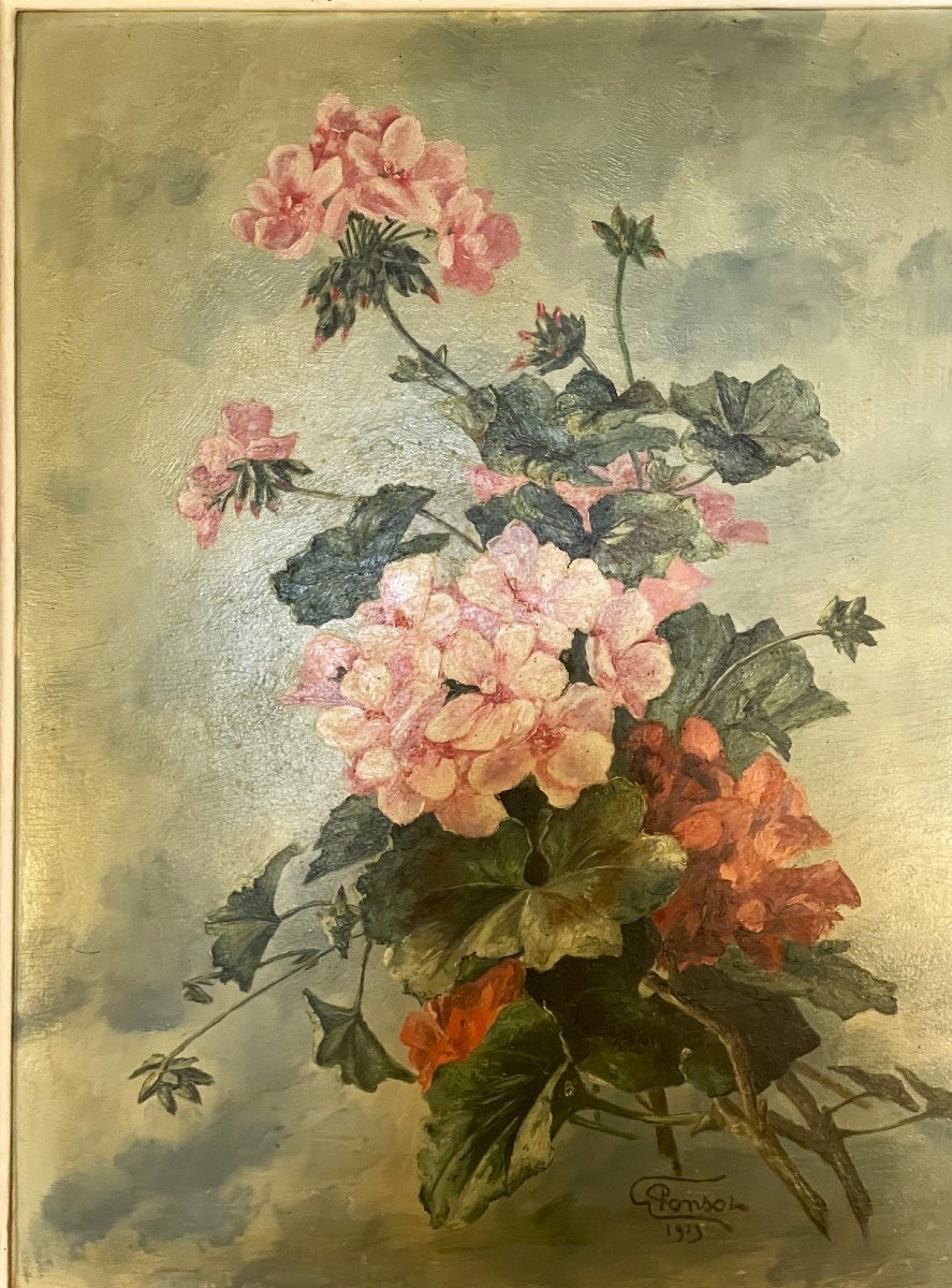 Bouquet de fleurs de géraniums par G. Ponson daté 1913-photo-1