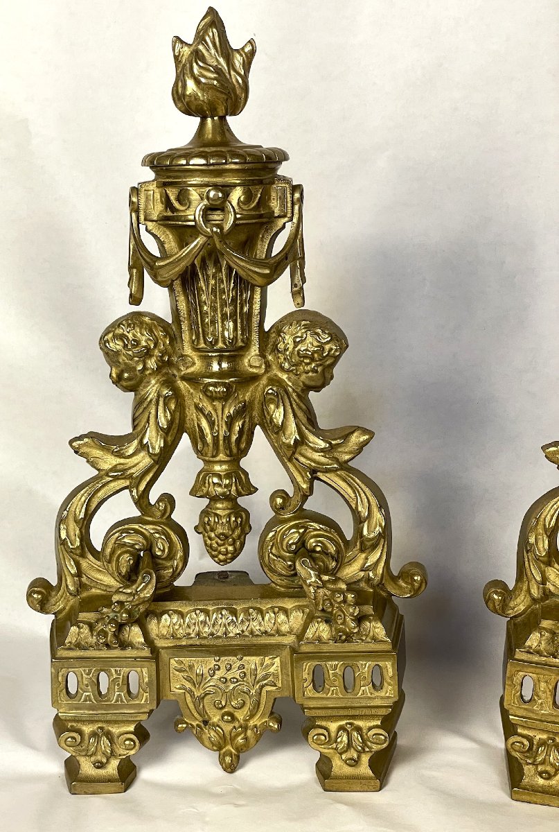 Paire de chenets en bronze à décor de chérubins, putti, époque Napoléon III-photo-3