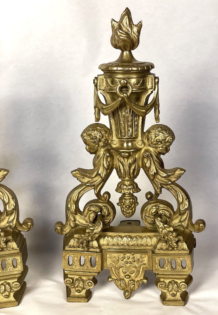 Paire de chenets en bronze à décor de chérubins, putti, époque Napoléon III-photo-4