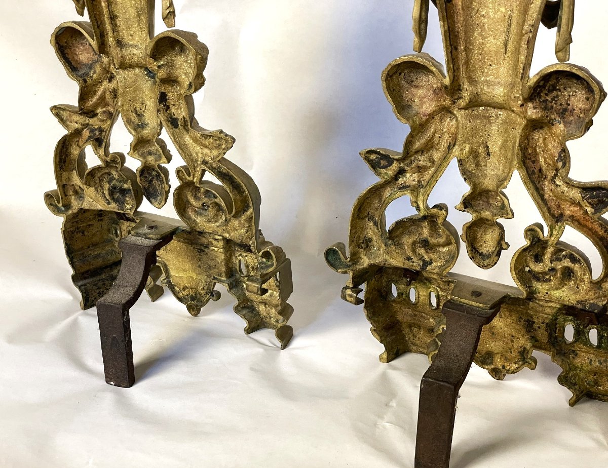 Paire de chenets en bronze à décor de chérubins, putti, époque Napoléon III-photo-8