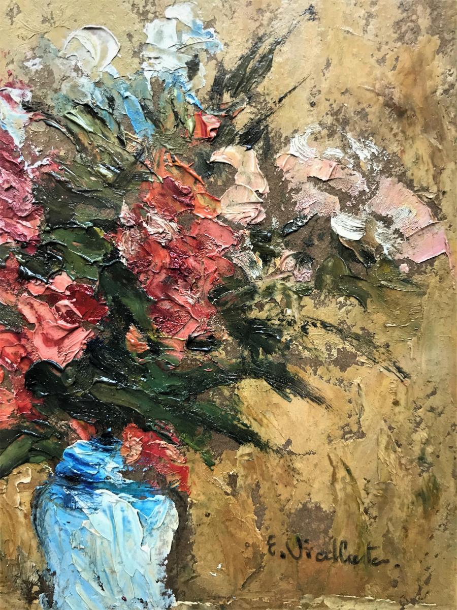 Flowers In A Vase, Oil On Panel E Viallate Twentieth-photo-2