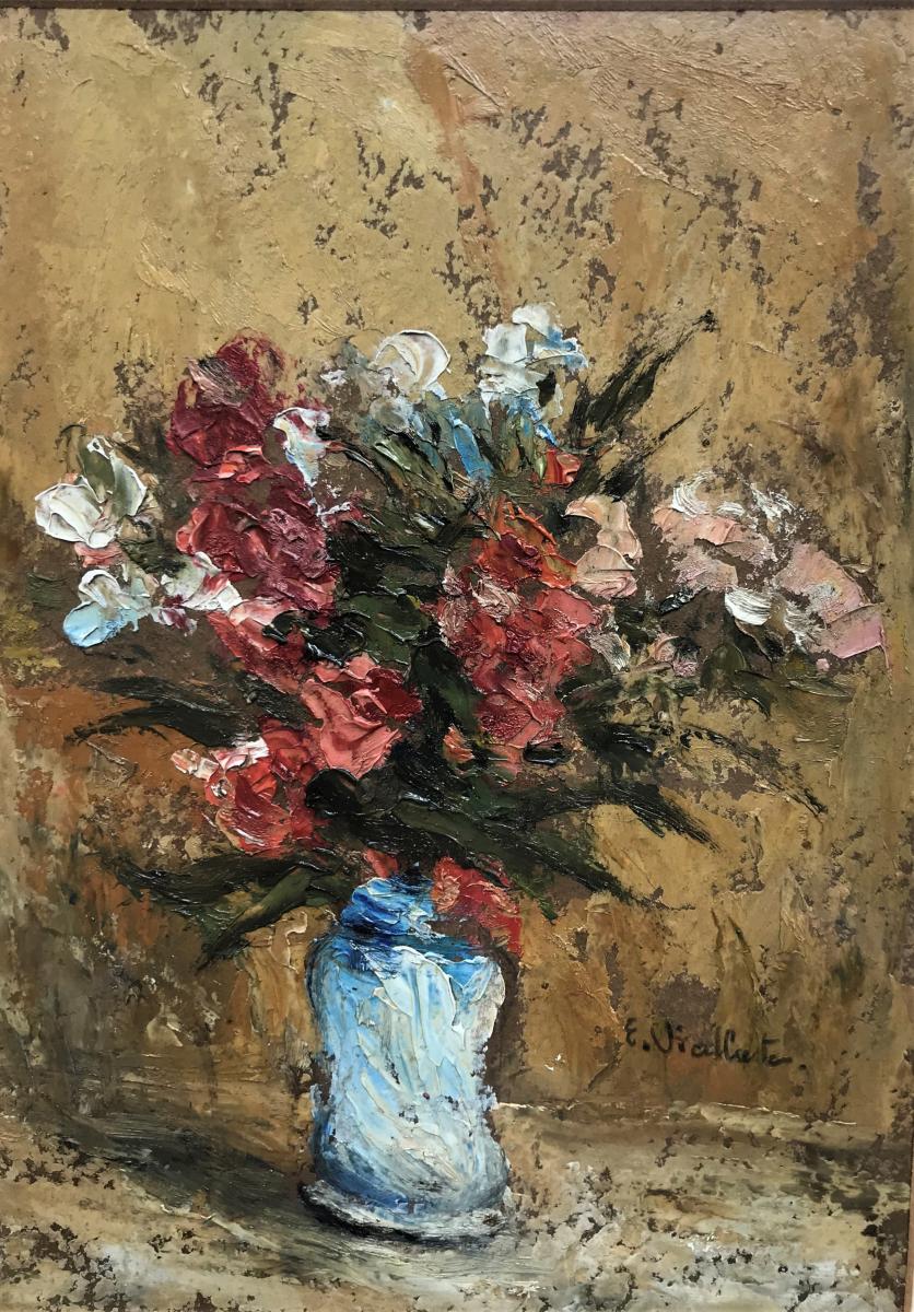 Flowers In A Vase, Oil On Panel E Viallate Twentieth-photo-3