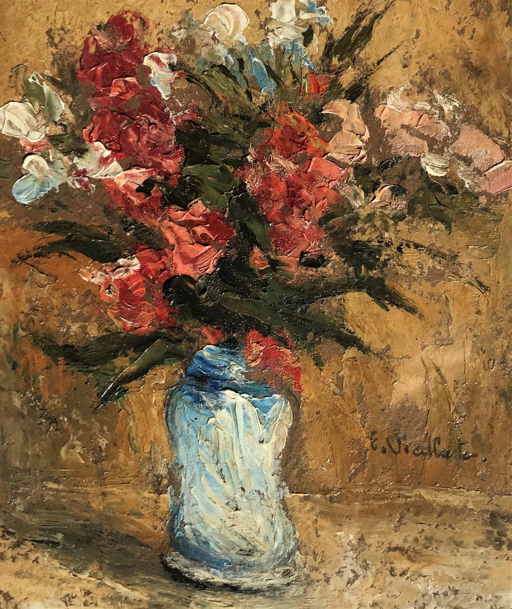 Fleurs dans un vase, huile sur panneau de E Viallate XXème-photo-2