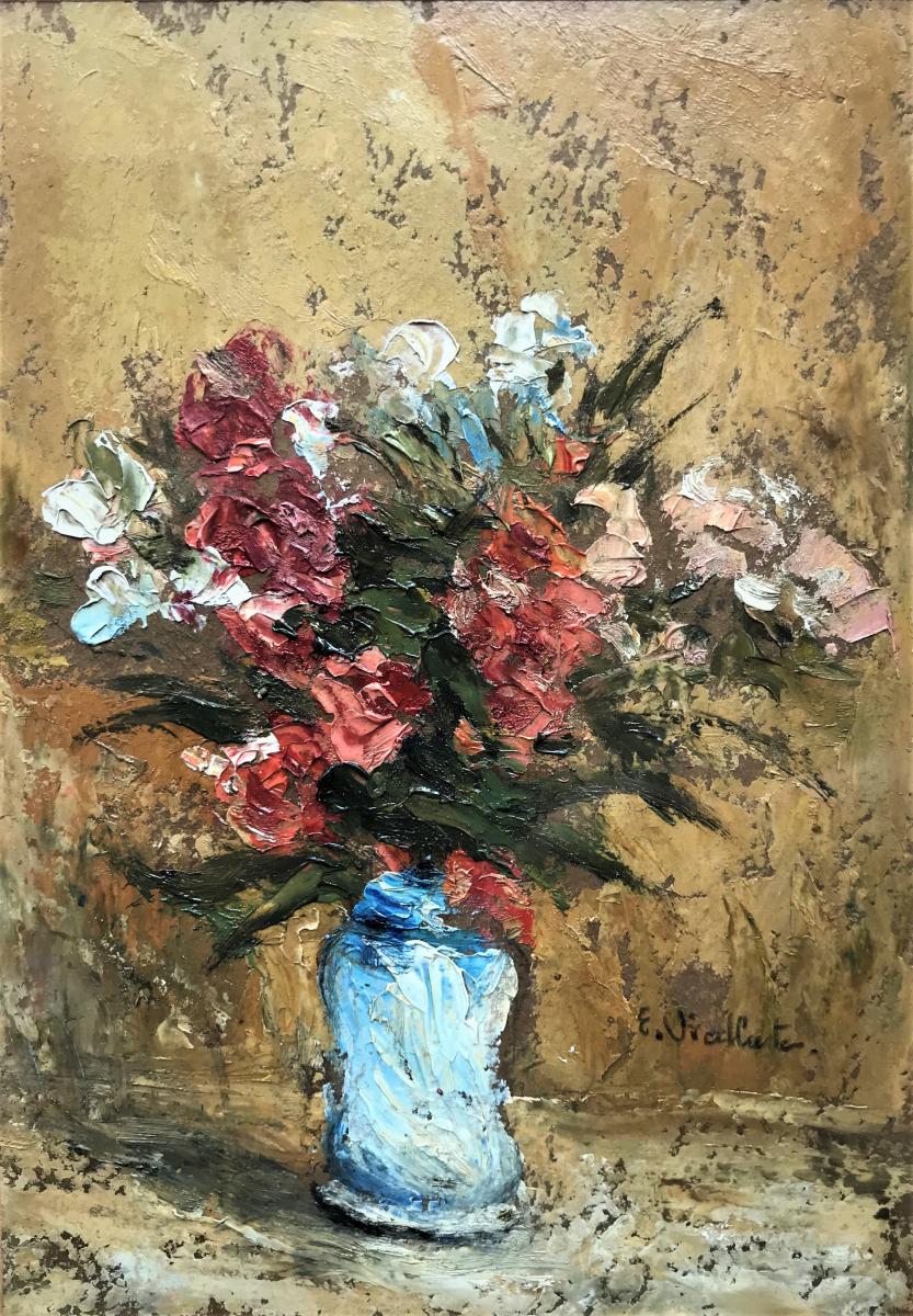 Fleurs dans un vase, huile sur panneau de E Viallate XXème-photo-3