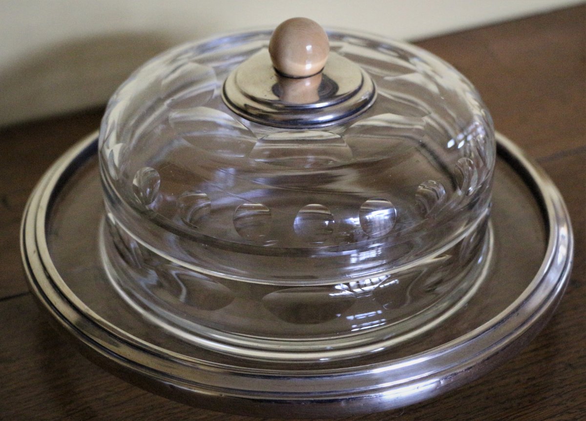 Art-deco Butter Bowl In Cut Crystal And Silver, Ivory Grip, Circa 1930