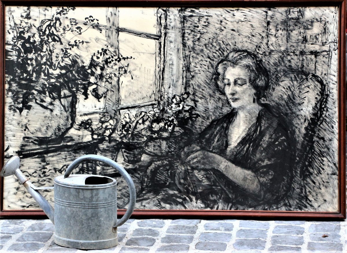 Demeurisse : très grand dessin à l'encre : Femme assise près d’une fenêtre 