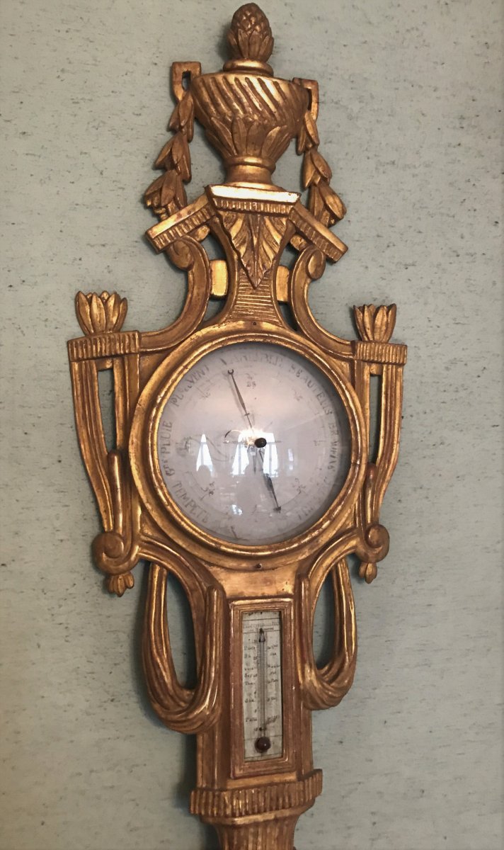 Louis XVI Period Carved And Gilded Wood Thermometer Barometer-photo-3