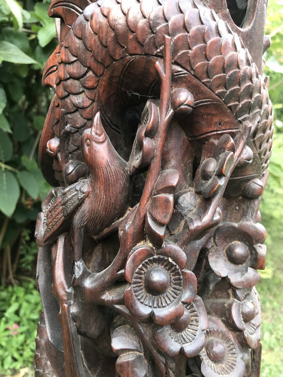 Bolster, Column, Solid Wood Carved Elephants, Dragon ... XIXth Asia-photo-4