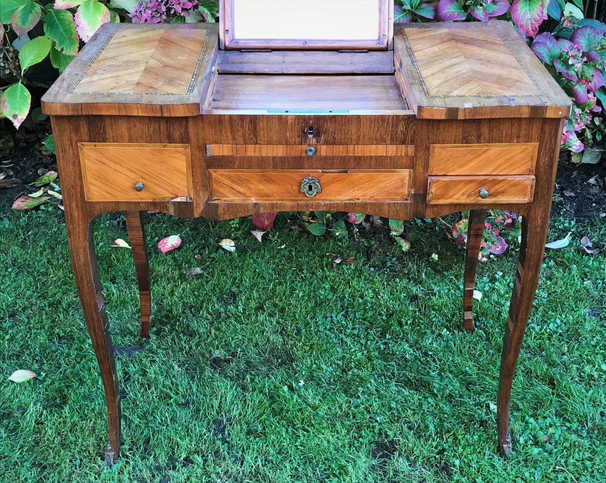 Coiffeuse écritoire d'époque Louis XV en placage de bois de rose et bois de violette.-photo-2