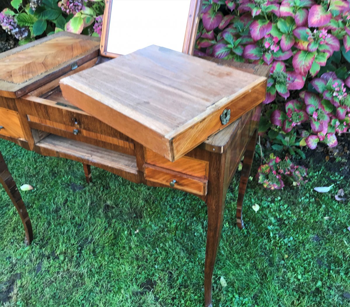 Coiffeuse écritoire d'époque Louis XV en placage de bois de rose et bois de violette.-photo-3
