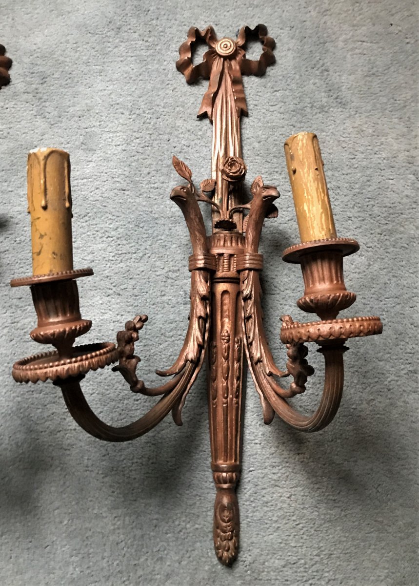 Pair Of Louis XVI Patinated Bronze Sconces With Two 19th Century Sconces.-photo-2