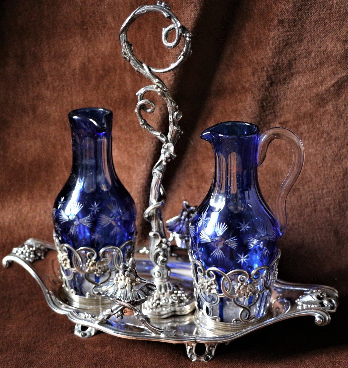 Silver Oil Cruet And Vinegar Decor Louis XV Napoleon III Style Crystal Overlay-photo-2