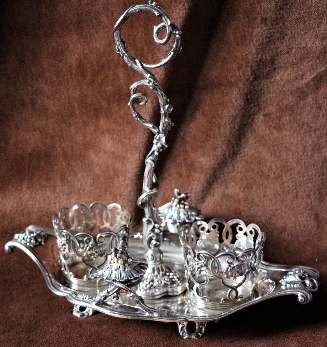 Silver Oil Cruet And Vinegar Decor Louis XV Napoleon III Style Crystal Overlay-photo-3