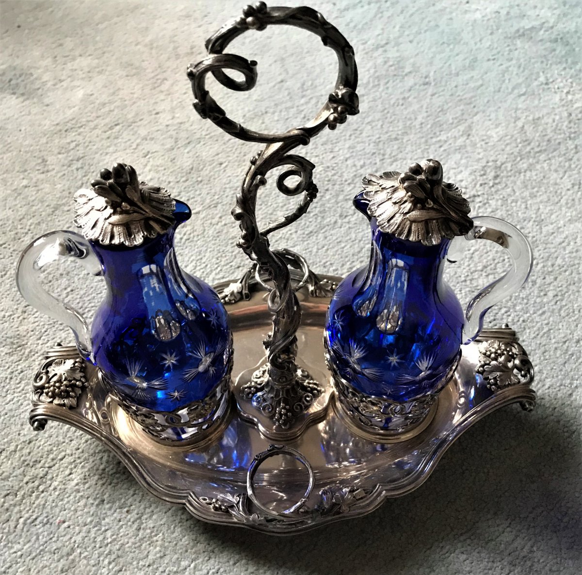 Silver Oil Cruet And Vinegar Decor Louis XV Napoleon III Style Crystal Overlay-photo-4