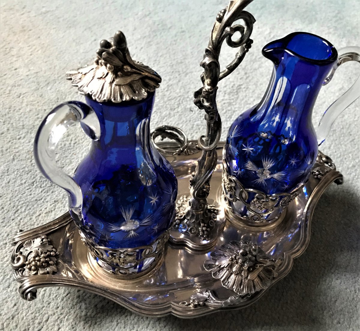 Silver Oil Cruet And Vinegar Decor Louis XV Napoleon III Style Crystal Overlay-photo-1