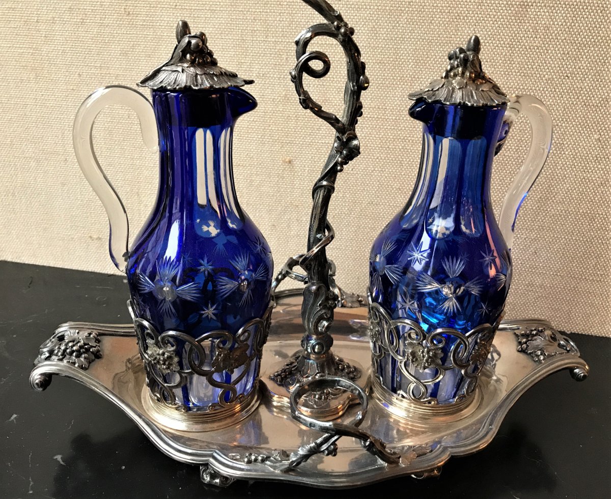 Silver Oil Cruet And Vinegar Decor Louis XV Napoleon III Style Crystal Overlay