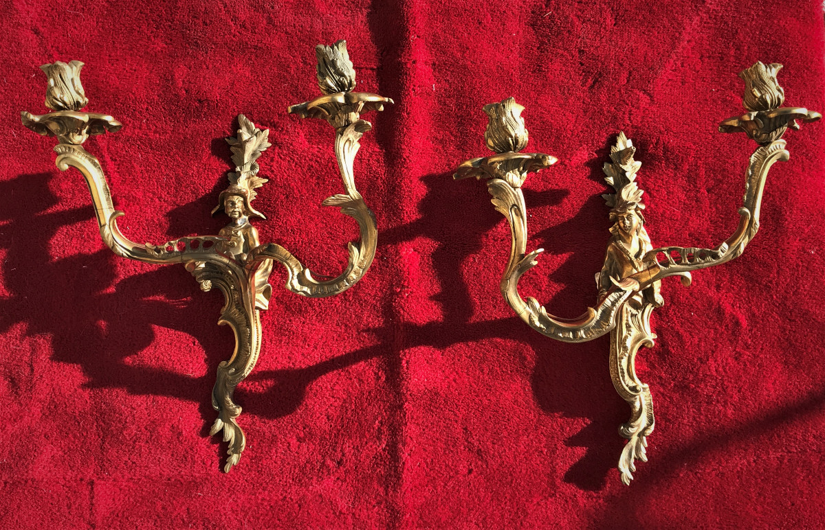 Paire d’appliques « aux chinois » en bronze doré Louis XV Napoléon III-photo-4