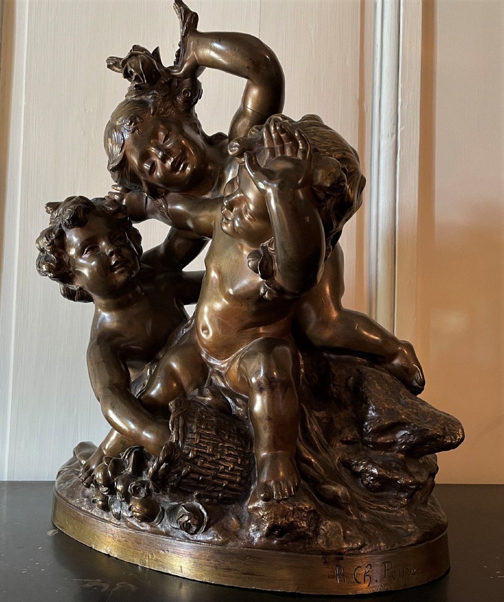 Important Group In Bronze Putti Playing With Flowers By Raphaël Charles Peyre-photo-2