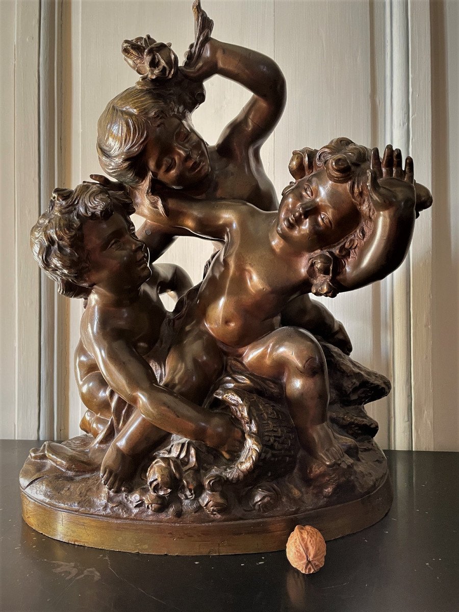 Important Group In Bronze Putti Playing With Flowers By Raphaël Charles Peyre