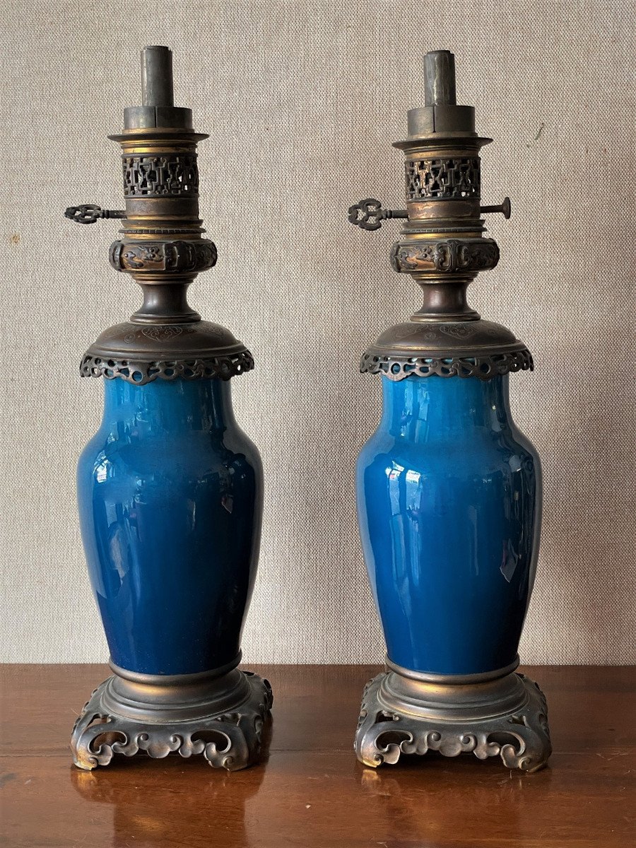 Pair Of Napoleon III Bronze-mounted Blue Earthenware Lamps-photo-2