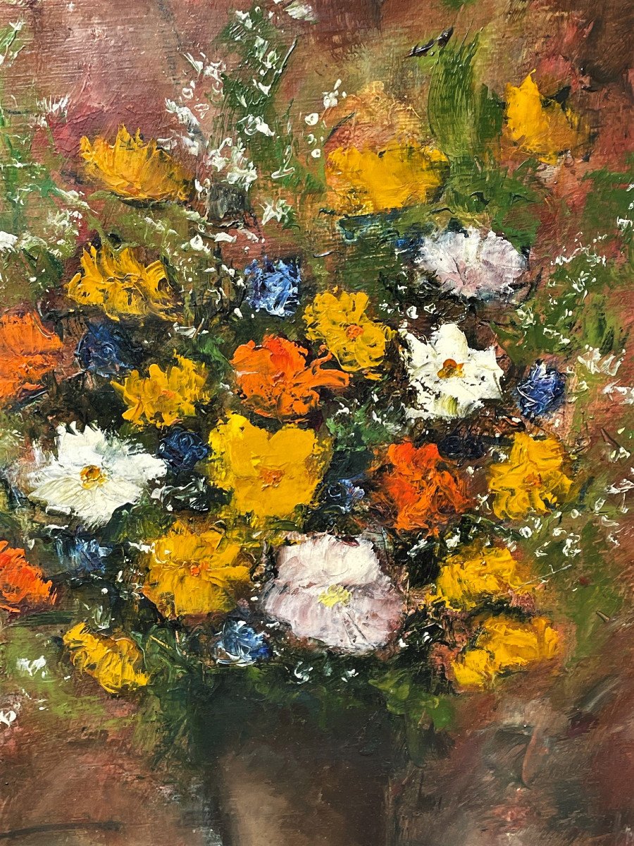 Bouquet Of Flowers, Oil On Canvas By Jacques Michel G. Dunoyer-photo-3