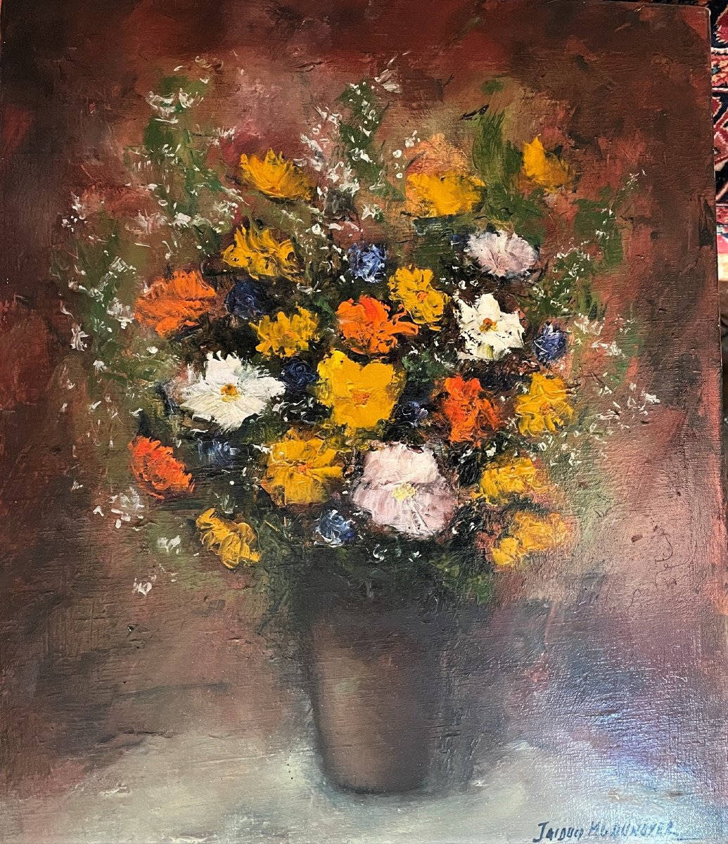 Bouquet Of Flowers, Oil On Canvas By Jacques Michel G. Dunoyer-photo-1