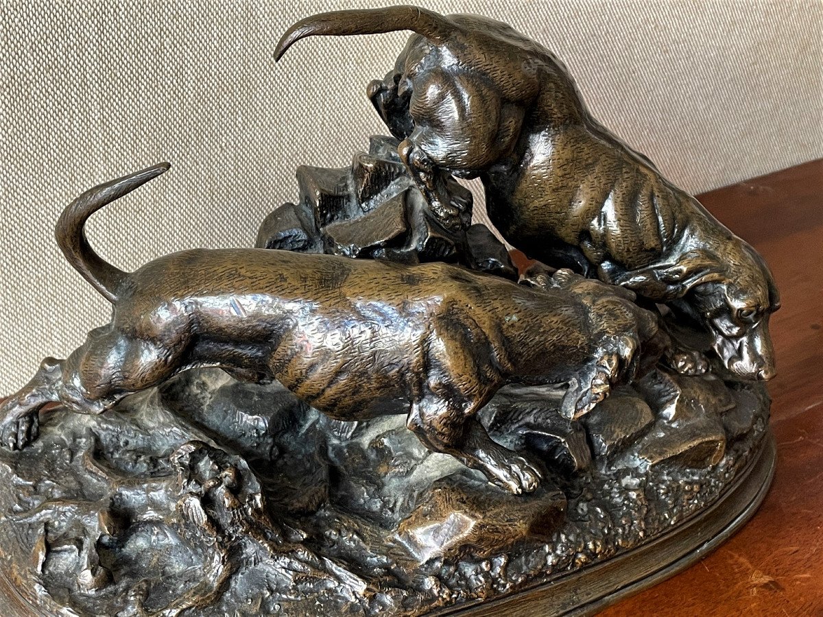 Jules MOIGNIEZ bronze : deux chiens de chasse, bassets à l’affut-photo-2