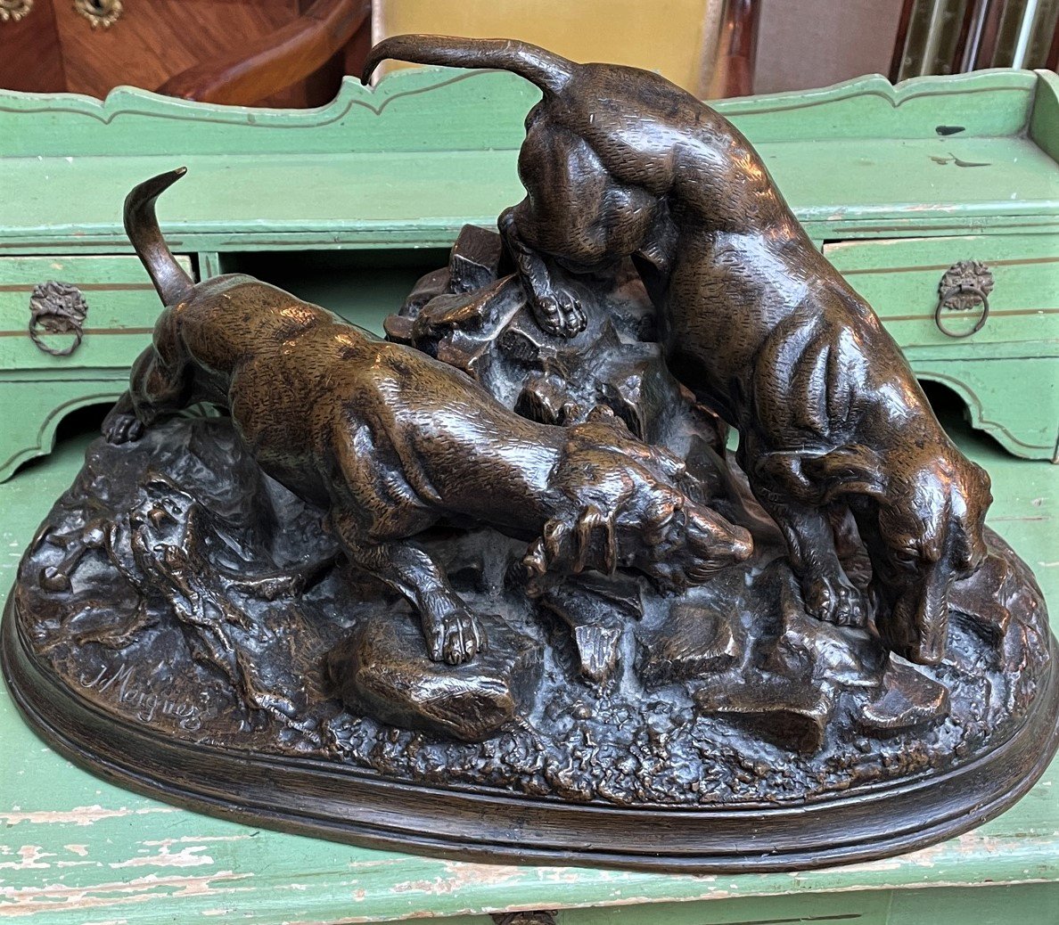 Jules MOIGNIEZ bronze : deux chiens de chasse, bassets à l’affut-photo-8