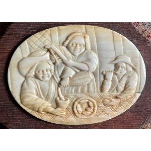 Tavern Scene Dlg By David Teniers, Bas-relief Carved Ivory Plaque