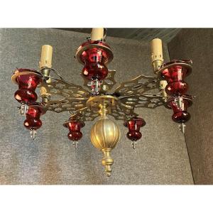 Synagogue Chandelier In Bronze And Blown Glass