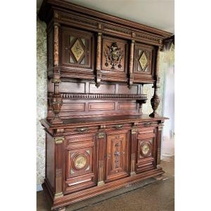 Rare Neo-renaissance Style Sideboard In Walnut, Marble And Bronze; Meynard, Frager, XIXth