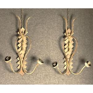 Pair Of 1940 Lyre-shaped Wall Lights, Brass And Gilded And Painted Iron