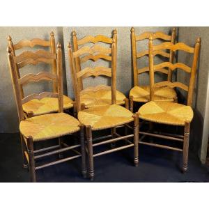 Six Mid-20th Century Oak Straw Chairs