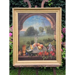 Large Decorative Oil Painting On Canvas, Basket Of Fruit, 19th Century