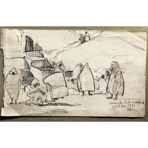 Market Scene In North Africa, Preparatory Drawing By Marcelle Ackein 1921