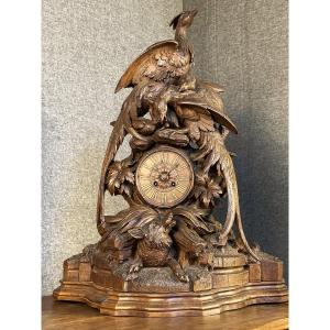 Large Black Forest Clock: Family Of Pheasants Worried By A Fox, Switzerland 19th Century